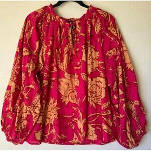 Calligraphie‎ Blouse Women Large Pink Floral Boho Tie Neck Ruffle 100% Cotton